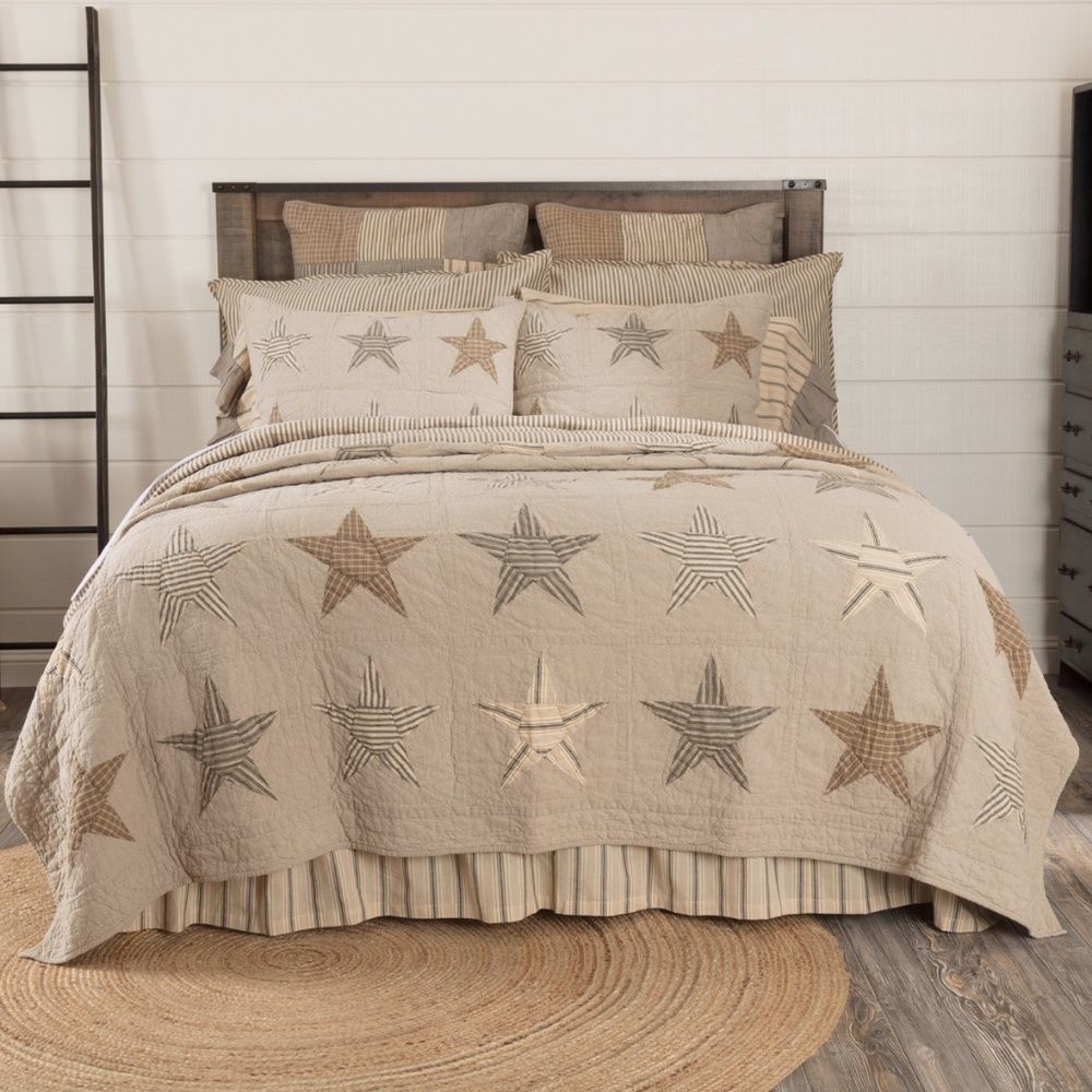NEW! Beautiful Farmhouse Primitive Star Cotton KING Quilt Set Hand Quilted
